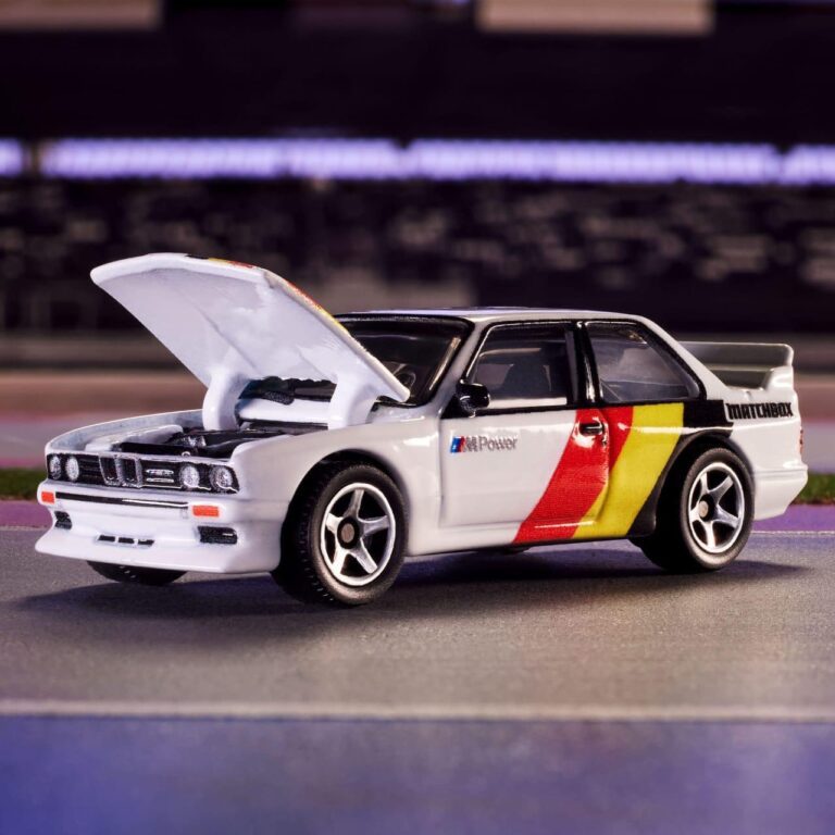 licensed bmw M3 model car from matchbox. To enhance the model detailing car's bonnet is in open format.