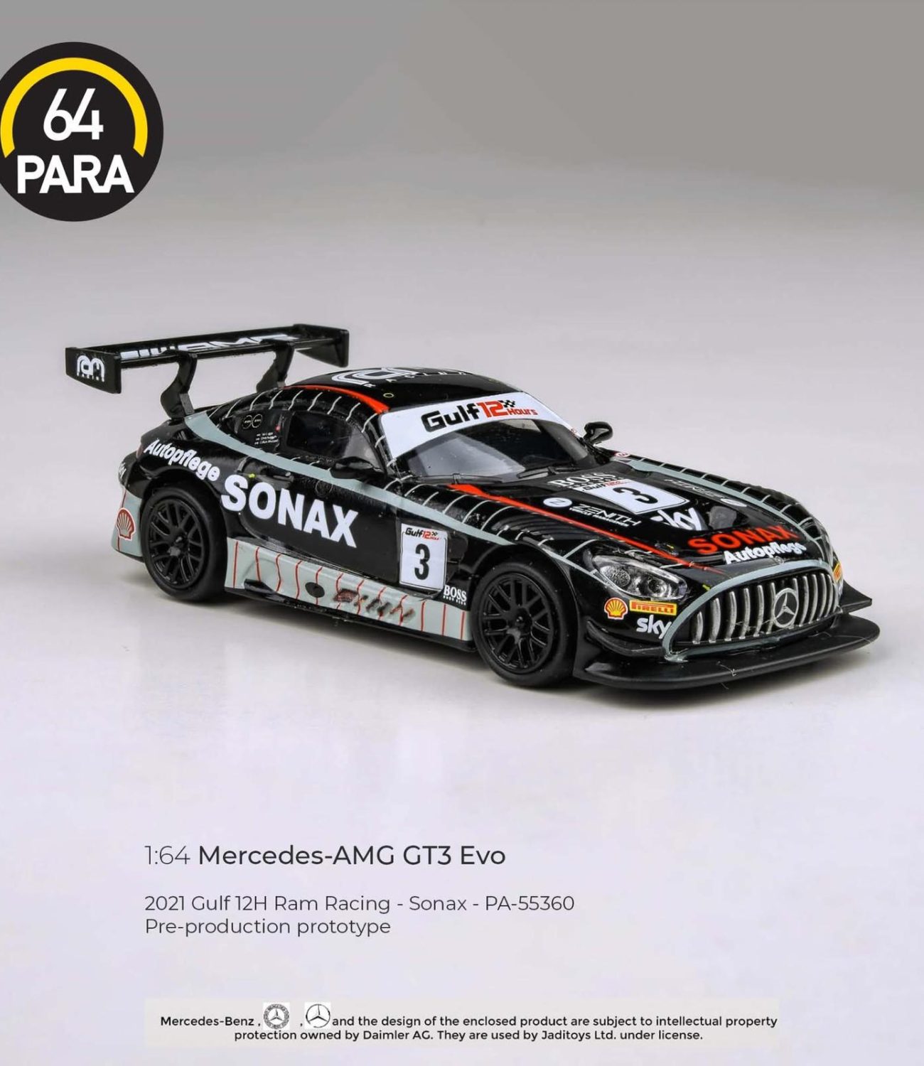 1:64 scale model of the black Mercedes-AMG GT3 Evo car, which is introduced in the 2021 Gulf 12H Ram Racing-Sonax-PA-55360.
